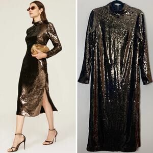 NEW TED BAKER DRESS BROOKLYN TUBE BROWN SEQUIN LONG SLEEVE MIDI METALLIC GLAM